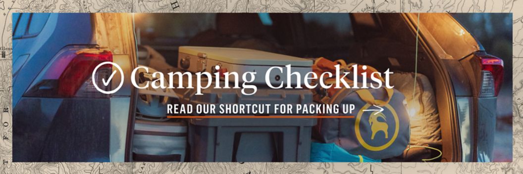 The back of a car is packed with camping gear. Text overlay reads: Camping Checklist, read our shortcut for packing up.